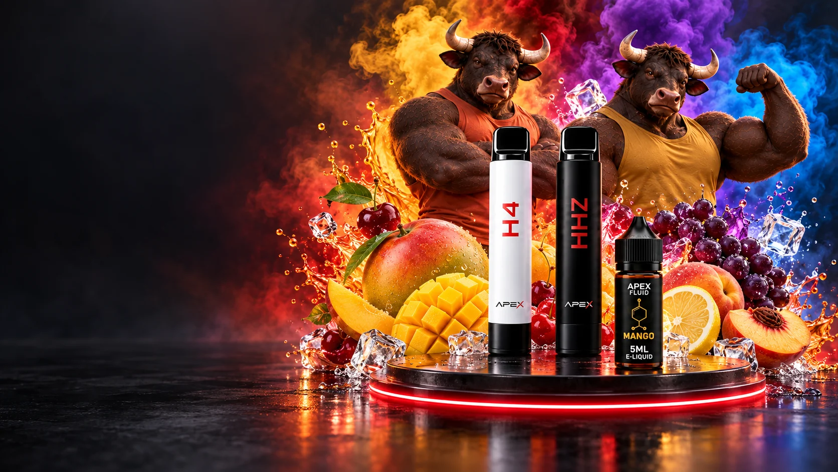 Zwei APEX Bullen mit H4 Vape, HHZ Vape und APEX Liquid vor farbigen Früchten